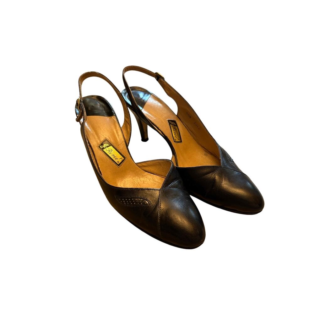 Vintage Reneé Black Leather Slingback Pumps Heels Women’s 8.5N Pointed Toe